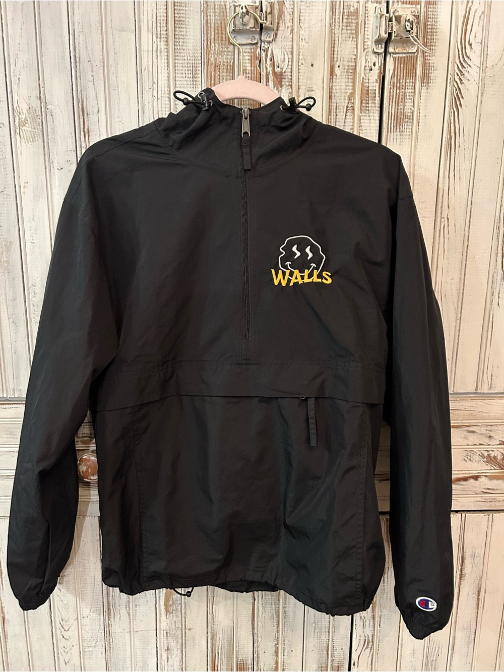 Champion Black Hooded Pullover Windbreaker with Yellow Logo